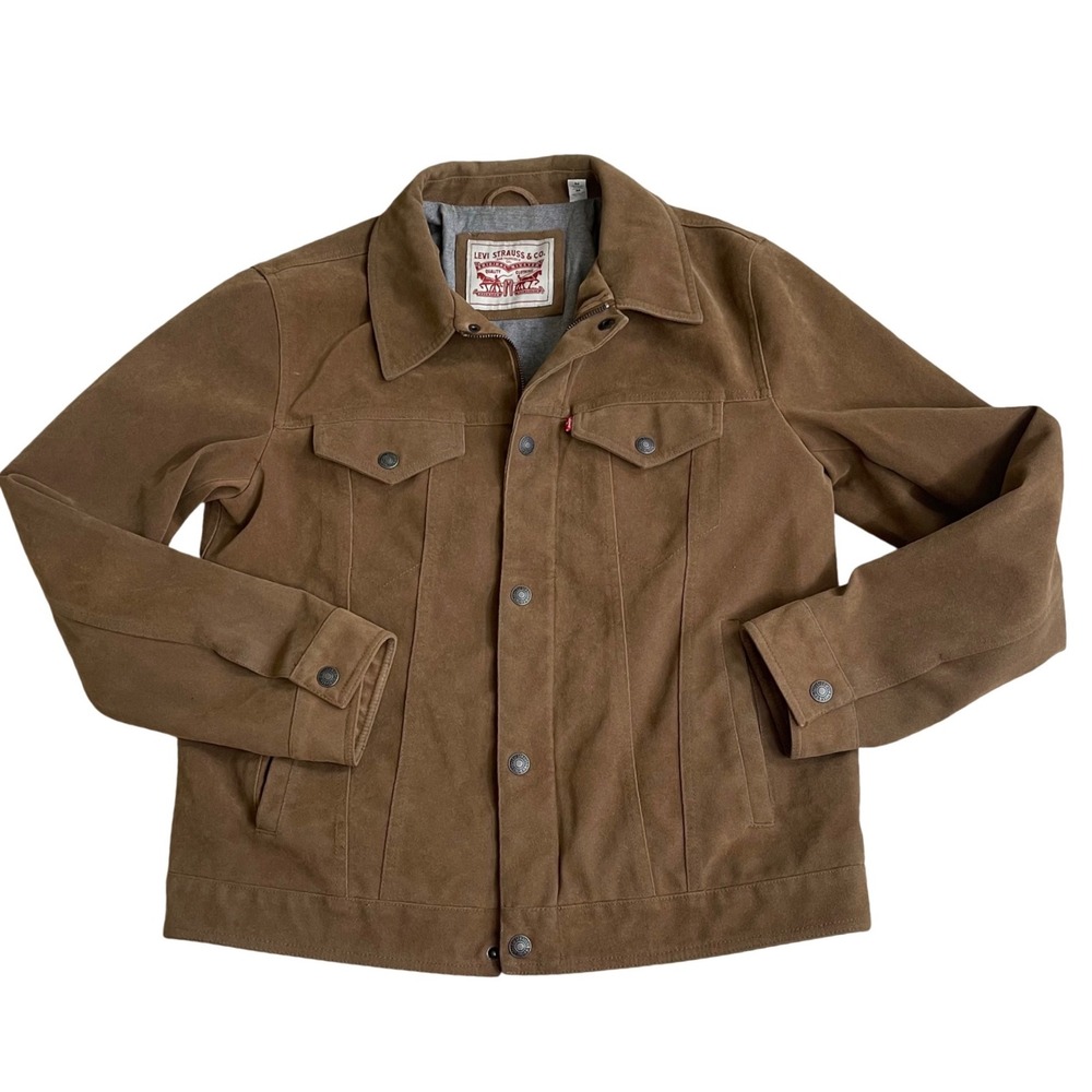 Levi Strauss Mens Faux Suede Trucker Jacket Brown Zip Up Medium Brown pre owned